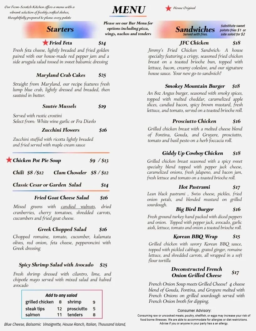 SandBar Food Menu — Page 1