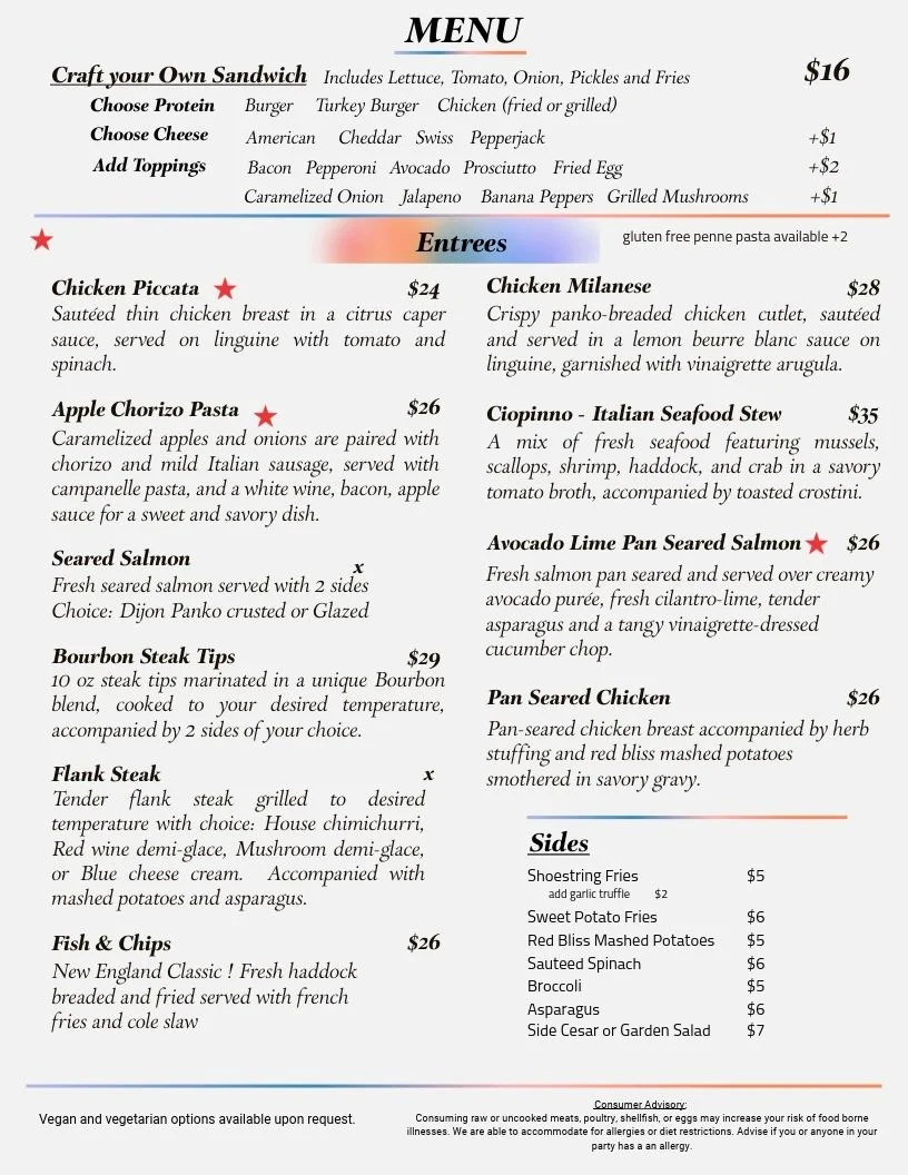 SandBar Food Menu — Page 2